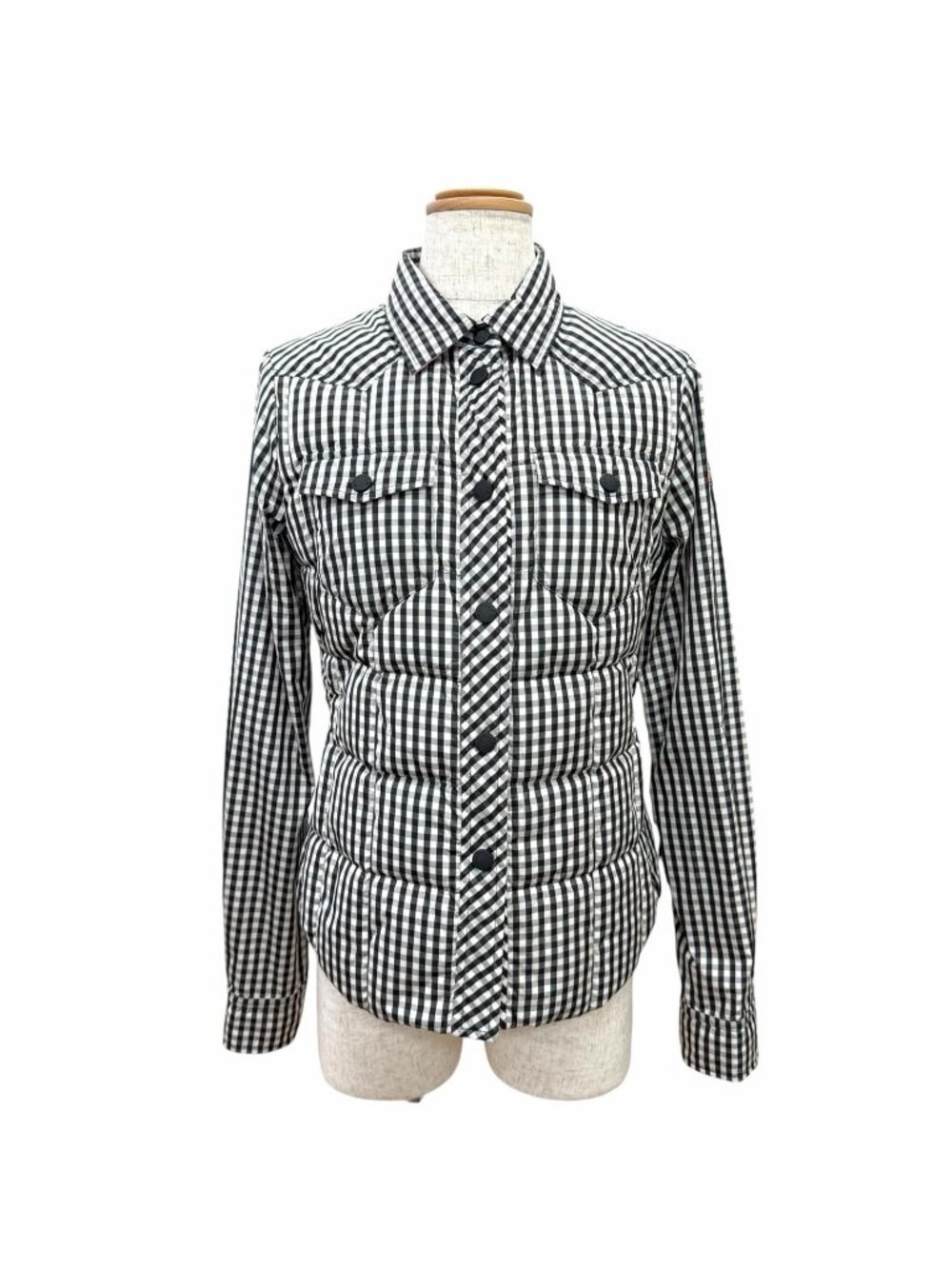 Moncler Grenoble Nangy Logo Patch Gingham Plaid Shirt Down Jacket Black White